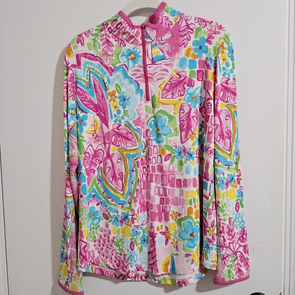 G Lifestyle Long Sleeve Zip Mock Neck Top Pink Pattern